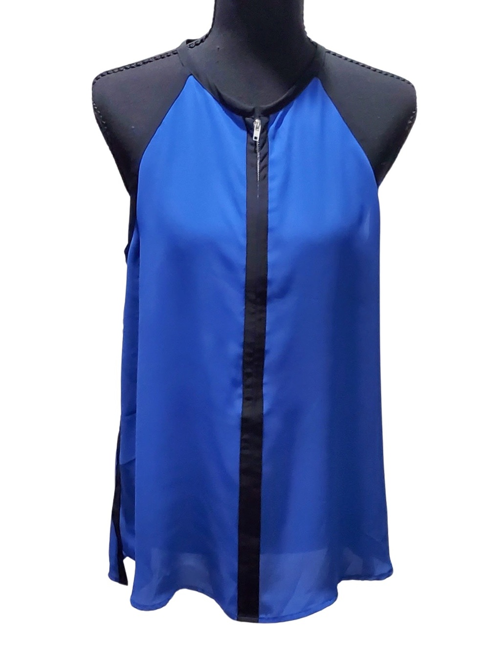 Aqua Cobalt Blue Halter-Style Zip Front Camisole with Black Trim